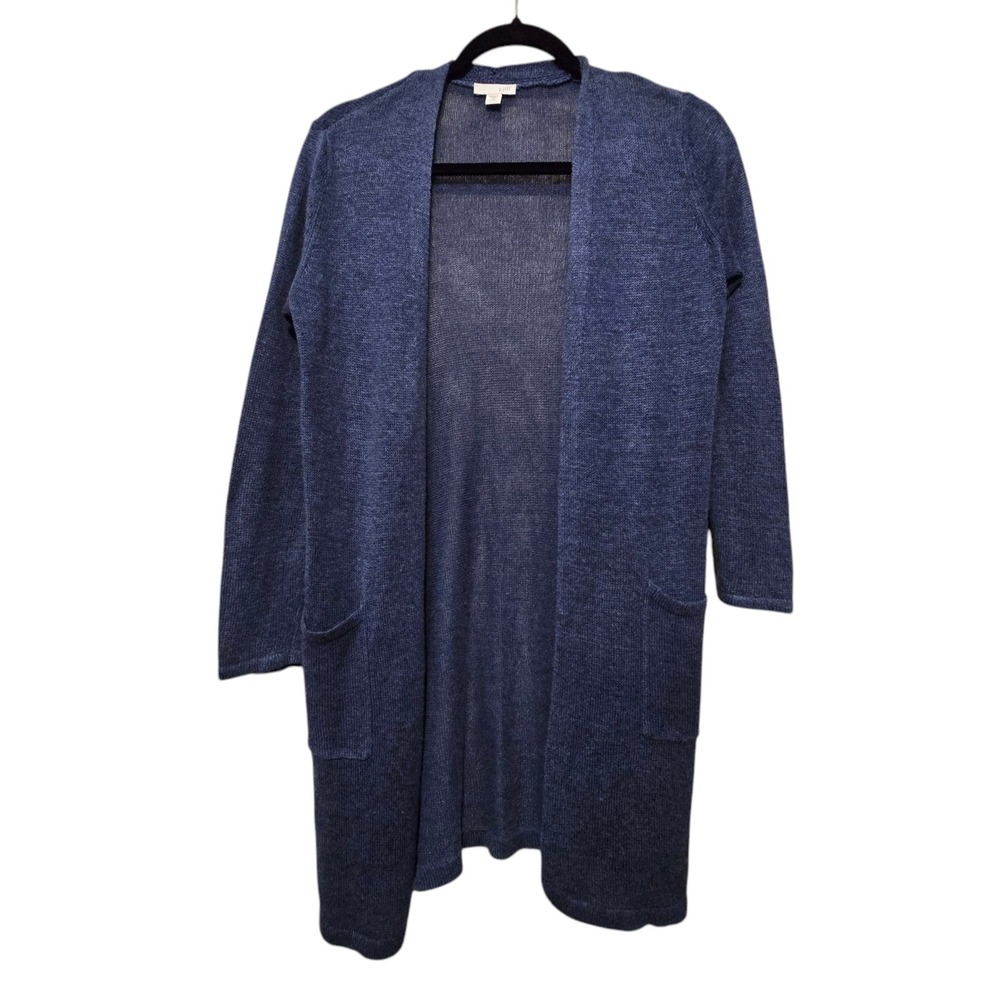 J Jill Linen Blend Open Cardigan Womens Pet XS Pockets Loose Knit Beach Coastal